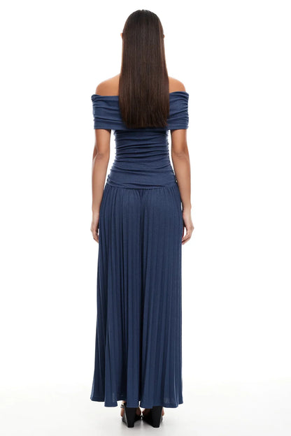 Serena - Elegant Women's Wedding Guest Maxi Dress with Off Shoulder Neckline and Pleated Skirt