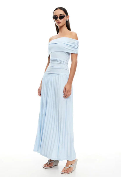 Serena - Elegant Women's Wedding Guest Maxi Dress with Off Shoulder Neckline and Pleated Skirt