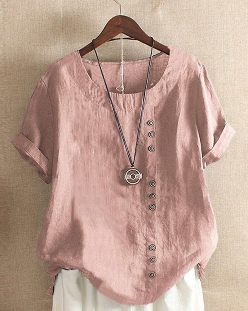 Hannah - Vintage Women's Linen Top with Curved Hem and Button Detail