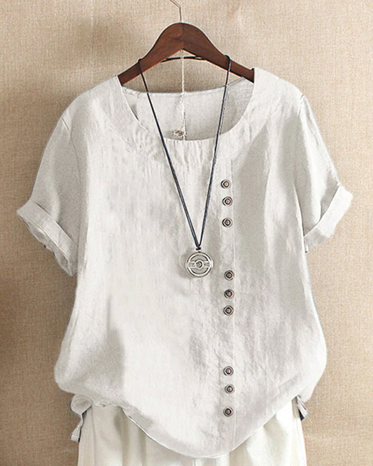 Hannah - Vintage Women's Linen Top with Curved Hem and Button Detail