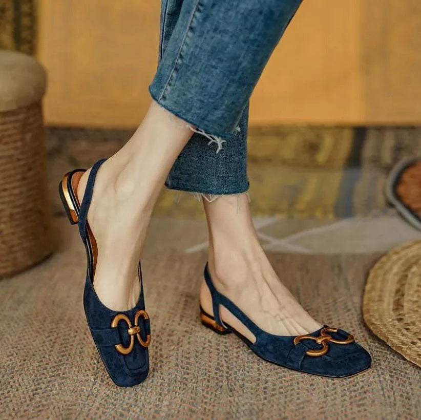 Sophia - Chic Women's Loafer Slingback Sandals with Gold Chain Bit Detail and Low Heel