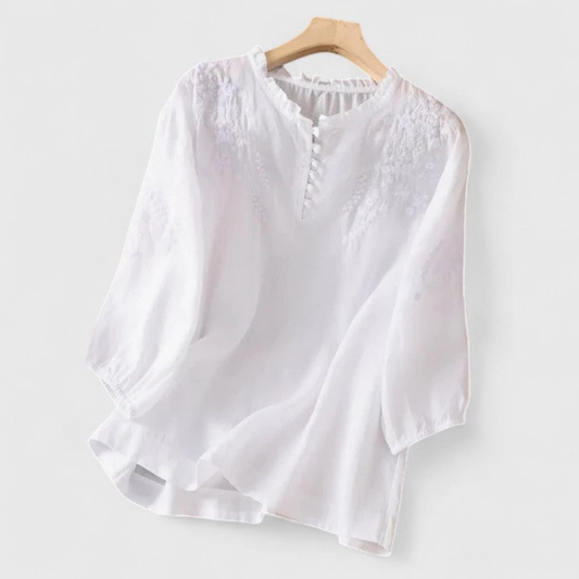 Sophie - Boho Women's Linen Shirt with Ruffle Collar and Embroidered Detail