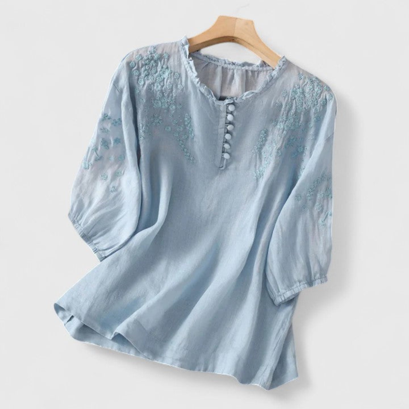 Sophie - Boho Women's Linen Shirt with Ruffle Collar and Embroidered Detail