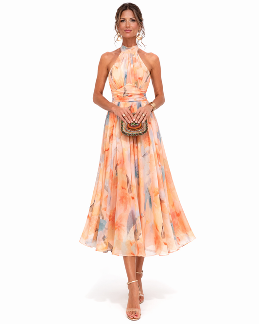 Sophie - Formal Women's Wedding Guest Dress with Halter Neck and Flowing Midi Skirt