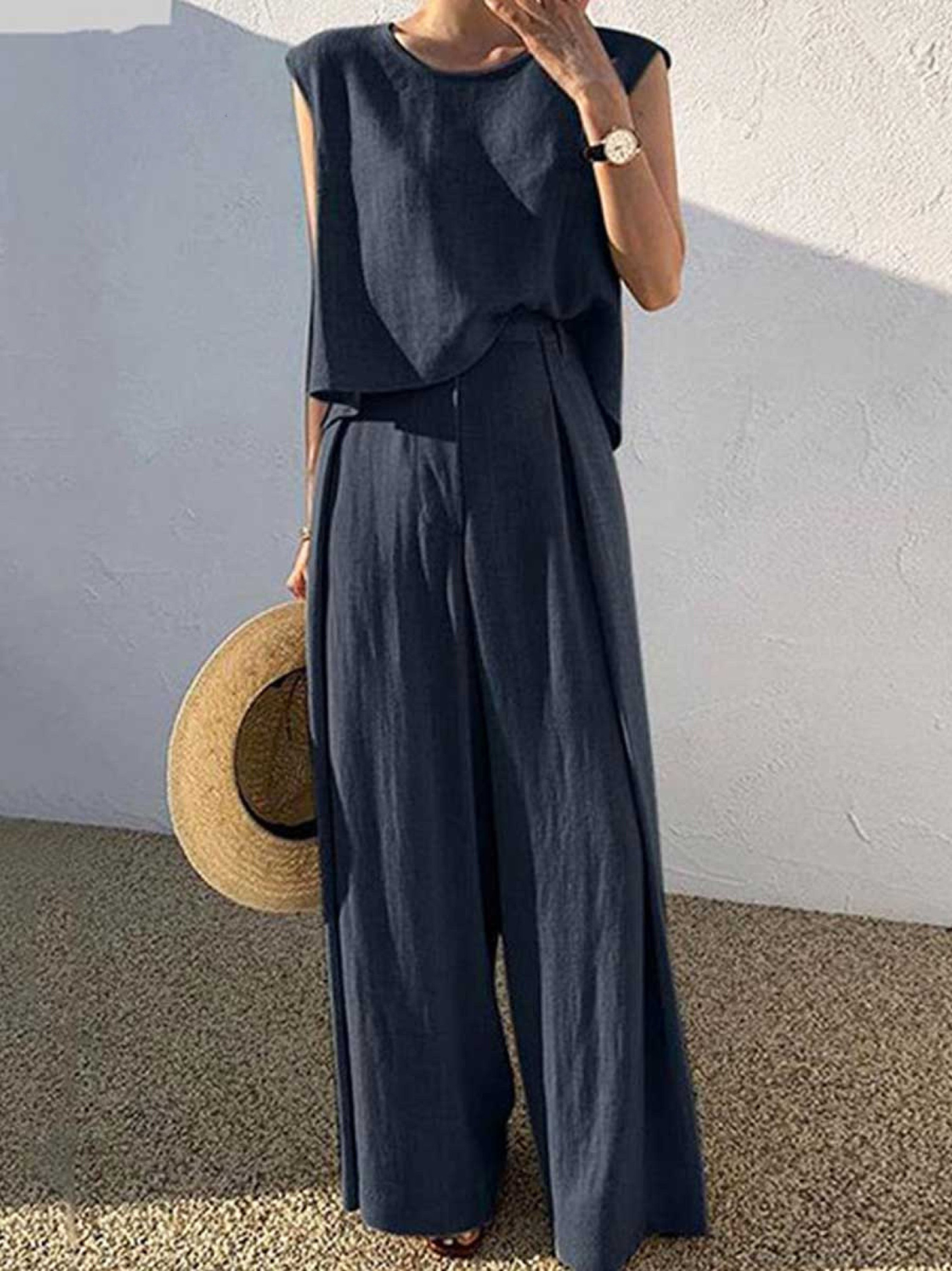 Sophie - Smart Women's Linen Two Piece Set with Wide Leg Trousers