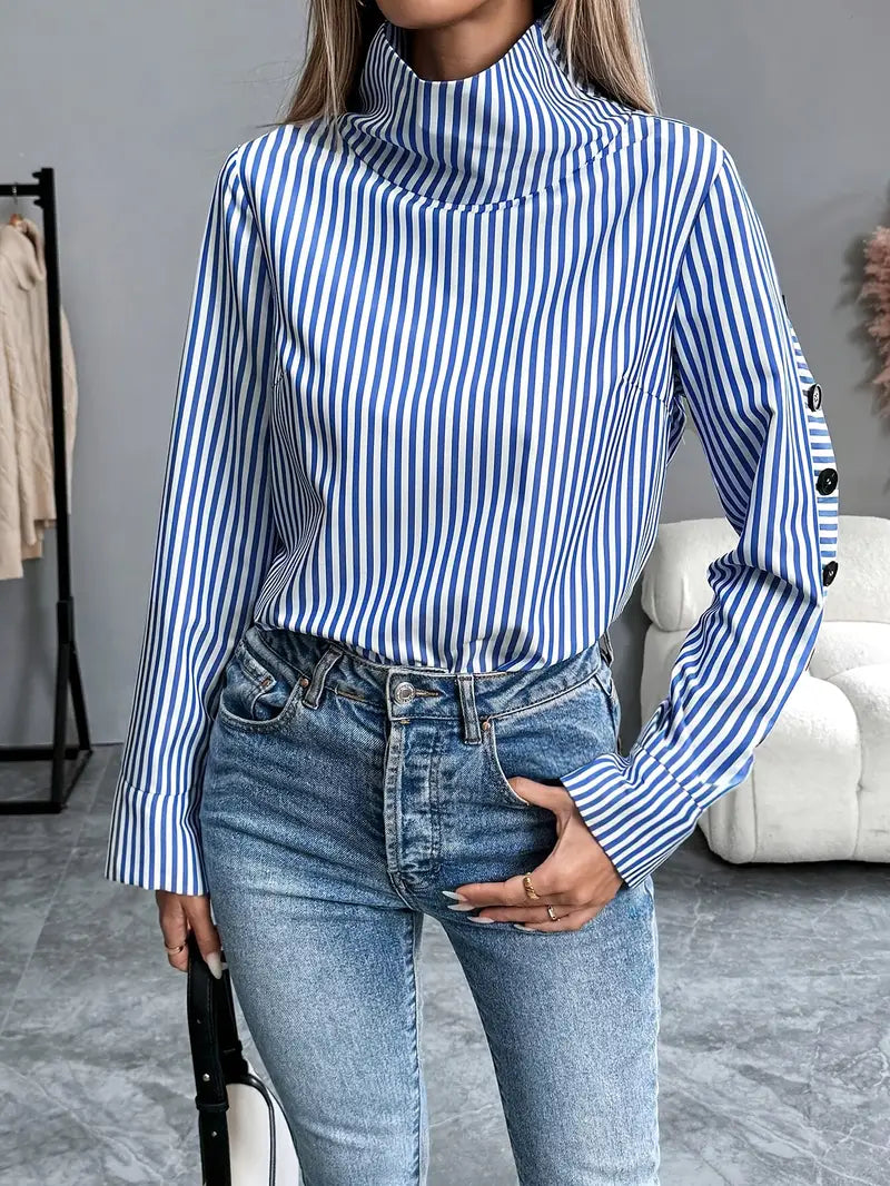 Sophie - Women's Striped Blouse with Long Sleeves and High Neck for Autumn