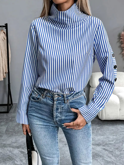 Sophie - Women's Striped Blouse with Long Sleeves and High Neck for Autumn