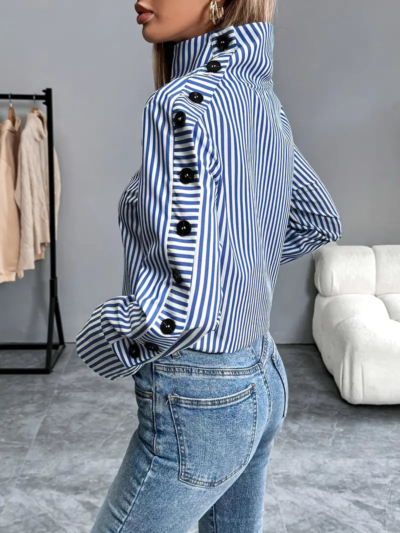 Sophie - Women's Striped Blouse with Long Sleeves and High Neck for Autumn