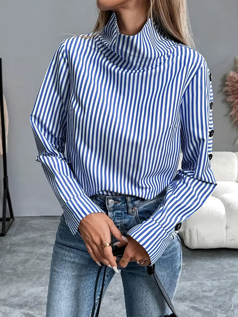 Sophie - Women's Striped Blouse with Long Sleeves and High Neck for Autumn