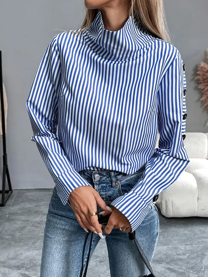 Sophie - Women's Striped Blouse with Long Sleeves and High Neck for Autumn