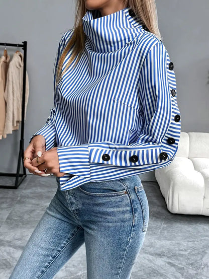 Sophie - Women's Striped Blouse with Long Sleeves and High Neck for Autumn