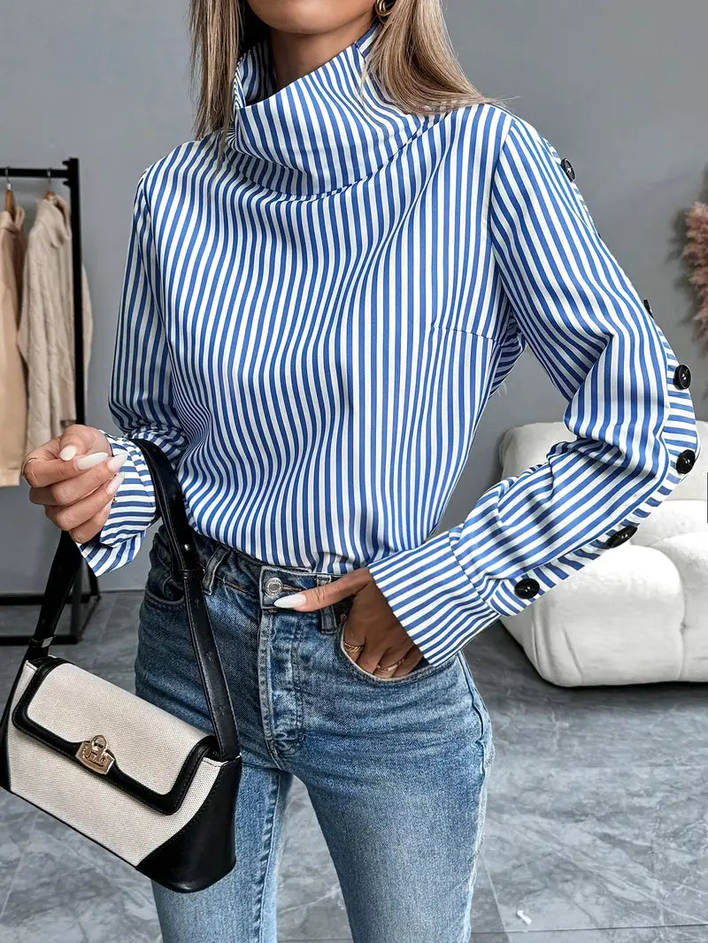 Sophie - Women's Striped Blouse with Long Sleeves and High Neck for Autumn