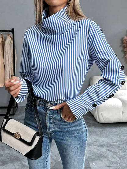 Sophie - Women's Striped Blouse with Long Sleeves and High Neck for Autumn