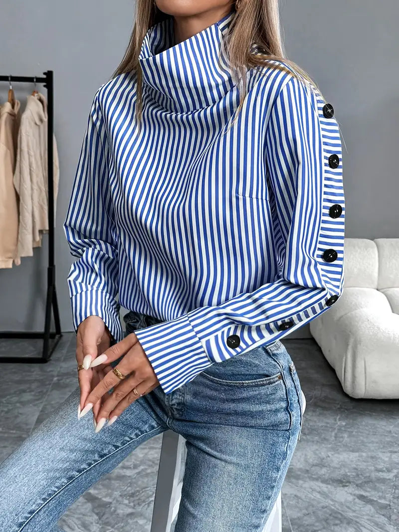 Sophie - Women's Striped Blouse with Long Sleeves and High Neck for Autumn