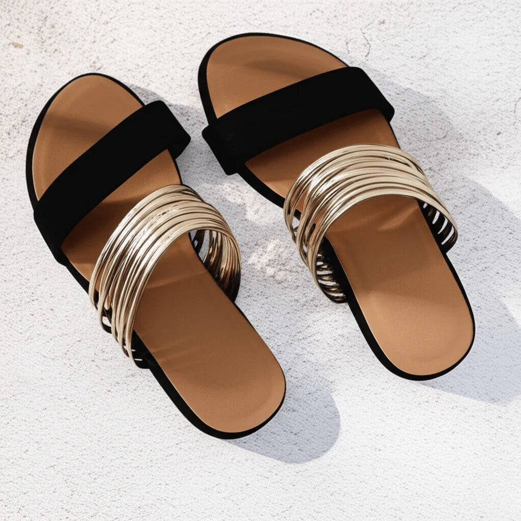 Stella - Chic Women's Orthopedic Flat Sandals with Dual Strap and Multi-Wire Gold Detail