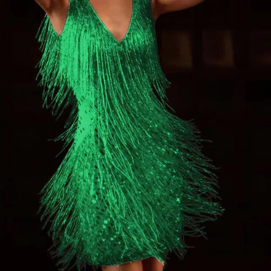 Stella - Glam Women's Wedding Guest Mini Dress with V Neck and Tassel Fringe Detail