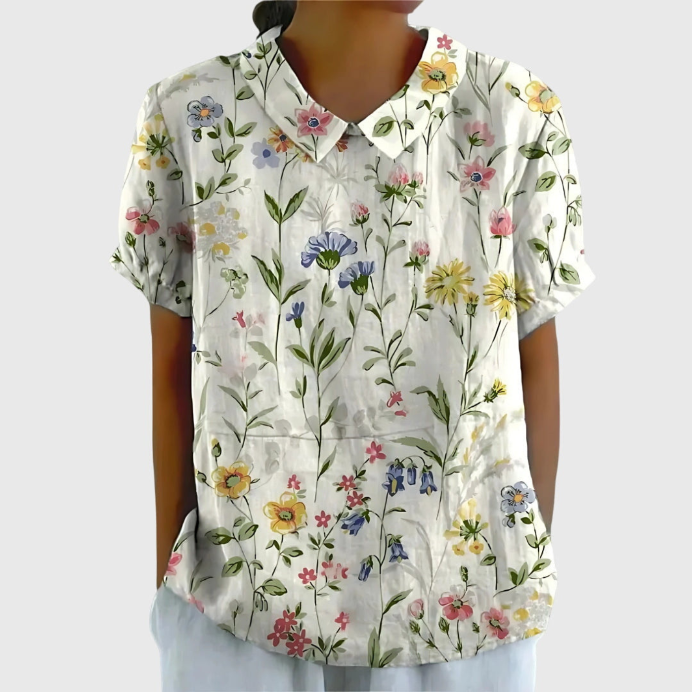 Thea - Women's Linen Floral Print Short Sleeve Collared Blouse