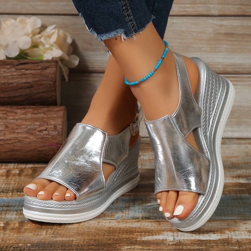 Tia - Glam Women's Orthopedic Platform Wedge Sandals with Metallic Upper and Espadrille Sole