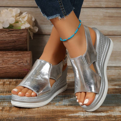 Tia - Glam Women's Orthopedic Platform Wedge Sandals with Metallic Upper and Espadrille Sole