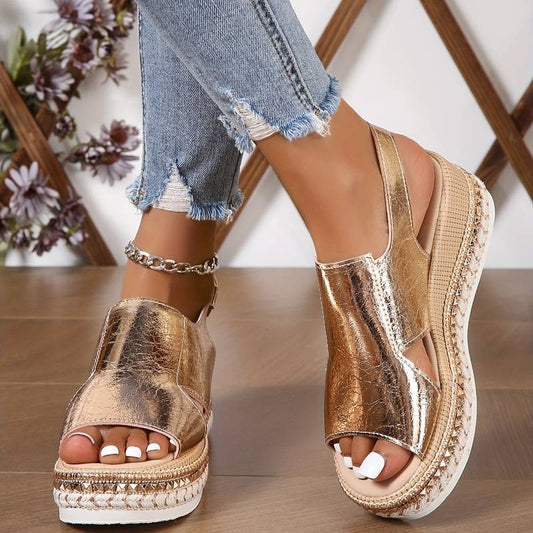 Tia - Glam Women's Orthopedic Platform Wedge Sandals with Metallic Upper and Espadrille Sole