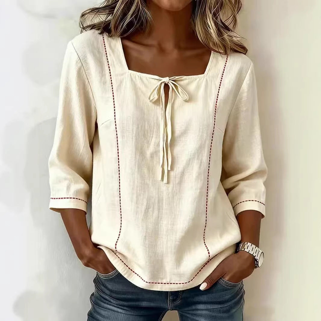 Tilly - Casual Women's Linen Shirt with Square Neckline and Tie Front Detail