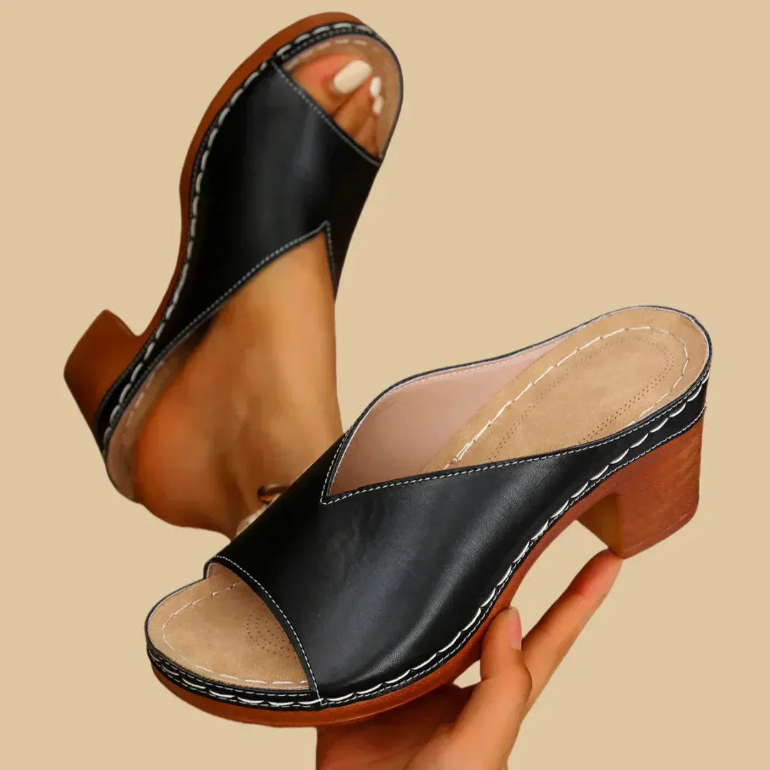 Vera - Chic Women's Orthopedic Block Heel Mule Sandals with V-Cut Upper and Wooden Sole