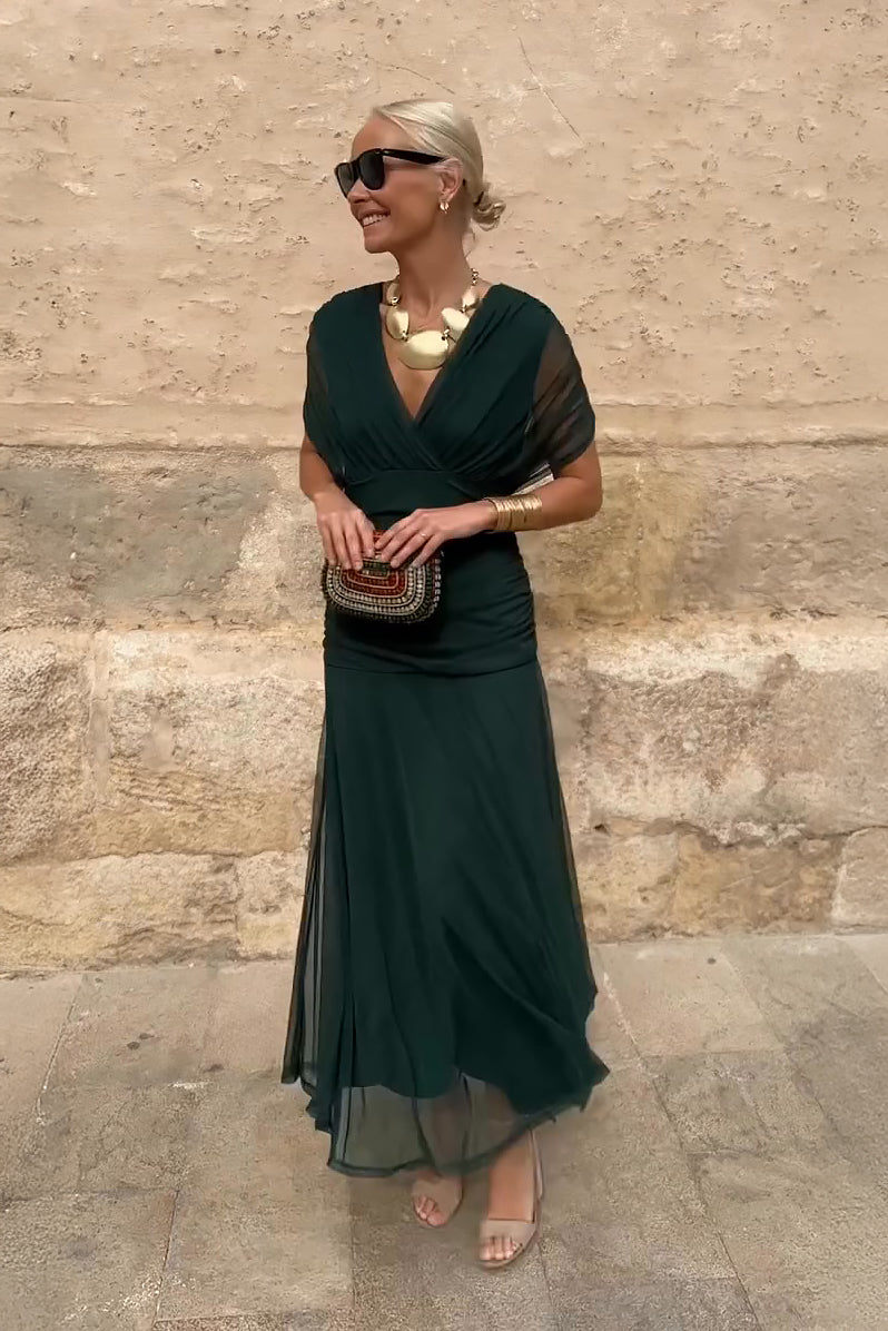 Victoria - Elegant Women's Wedding Guest Midi Dress with Wrap V Neck and Sheer Sleeves