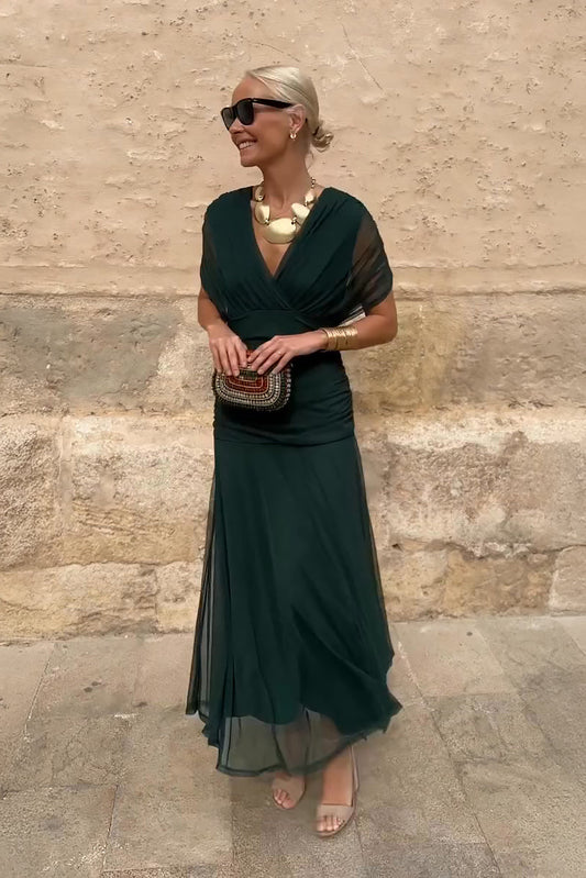 Victoria - Elegant Women's Wedding Guest Midi Dress with Wrap V Neck and Sheer Sleeves