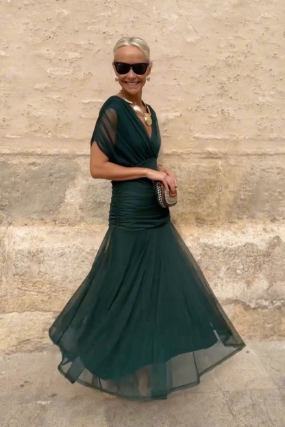 Victoria - Elegant Women's Wedding Guest Midi Dress with Wrap V Neck and Sheer Sleeves