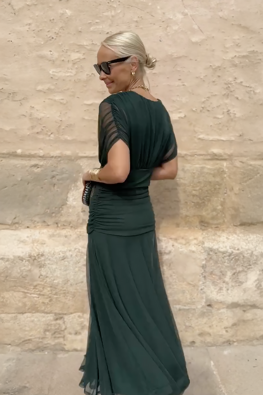 Victoria - Elegant Women's Wedding Guest Midi Dress with Wrap V Neck and Sheer Sleeves