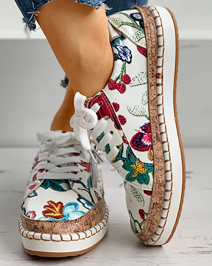 Violet - Boho Women's Comfort Trainers with Floral Print Upper and Cork Flatform Sole