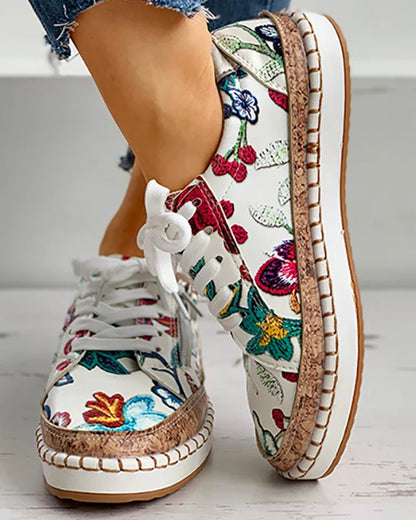 Violet - Boho Women's Comfort Trainers with Floral Print Upper and Cork Flatform Sole