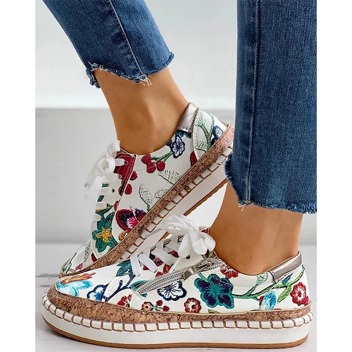 Violet - Boho Women's Comfort Trainers with Floral Print Upper and Cork Flatform Sole