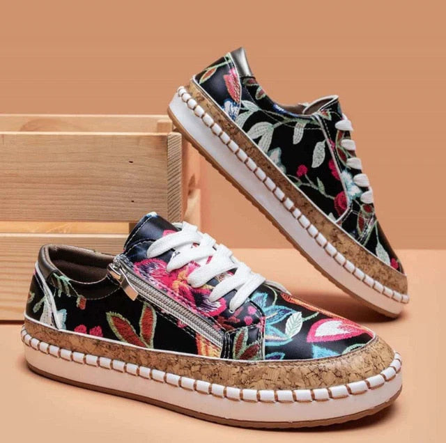 Violet - Boho Women's Comfort Trainers with Floral Print Upper and Cork Flatform Sole