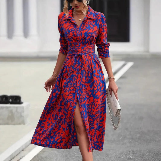 Vivienne - Vintage Women's Maxi Dress with Shirt Collar and Belted Waist in Bold Print