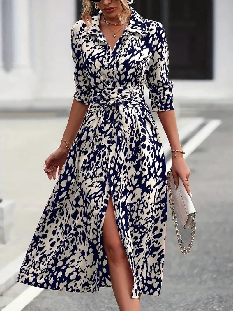 Vivienne - Vintage Women's Maxi Dress with Shirt Collar and Belted Waist in Bold Print