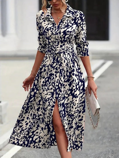 Vivienne - Vintage Women's Maxi Dress with Shirt Collar and Belted Waist in Bold Print