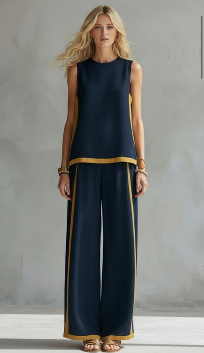 Willow - Smart Women's Linen Set with Contrast Trim and Wide Leg Trousers