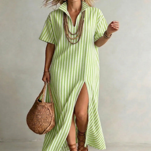Wren - Preppy Women's Linen Maxi Dress with Striped Print and Side Slit