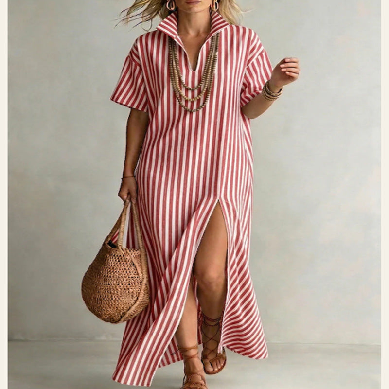 Wren - Preppy Women's Linen Maxi Dress with Striped Print and Side Slit