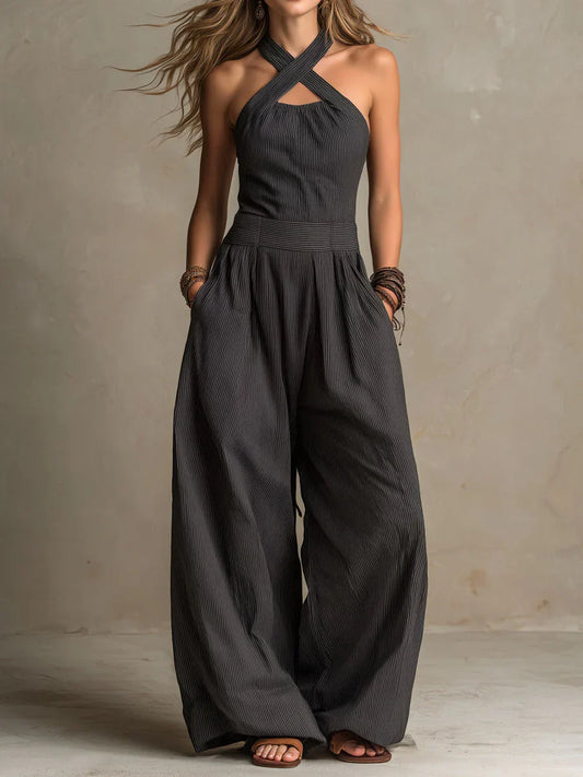 Zara - Formal Women's Linen Jumpsuit with Halter Neck and Wide Legs