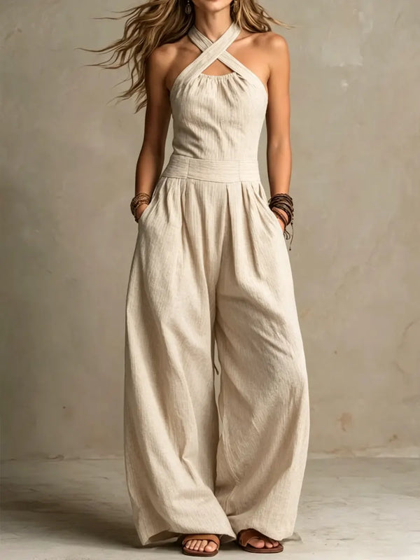 Zara - Formal Women's Linen Jumpsuit with Halter Neck and Wide Legs