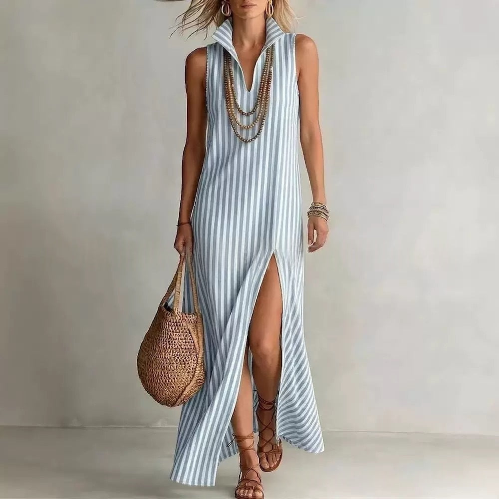 Beatrix - Flowy Women's Linen Maxi Dress with Striped Print and Collared Neckline