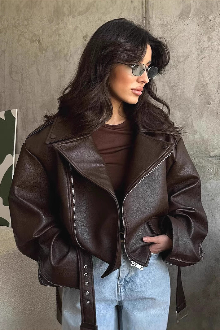 Freya - Women's Leather Style Jacket Oversized for Autumn with Belted Waist