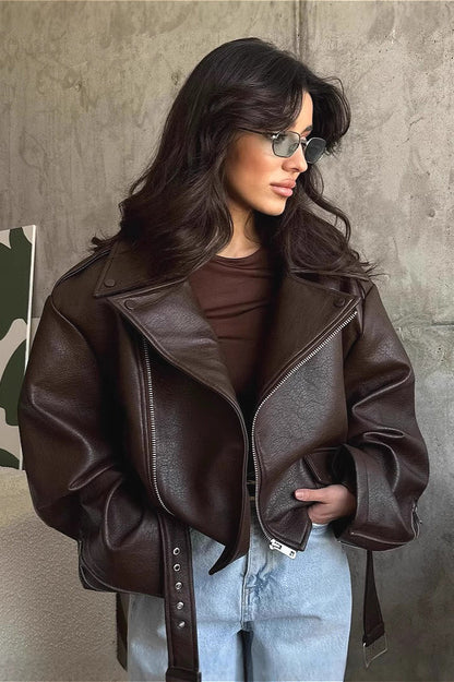 Freya - Women's Leather Style Jacket Oversized for Autumn with Belted Waist
