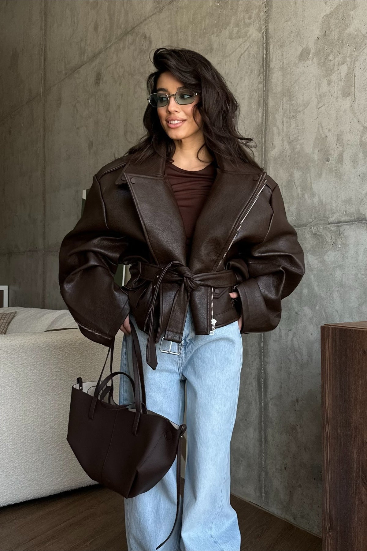 Freya - Women's Leather Style Jacket Oversized for Autumn with Belted Waist